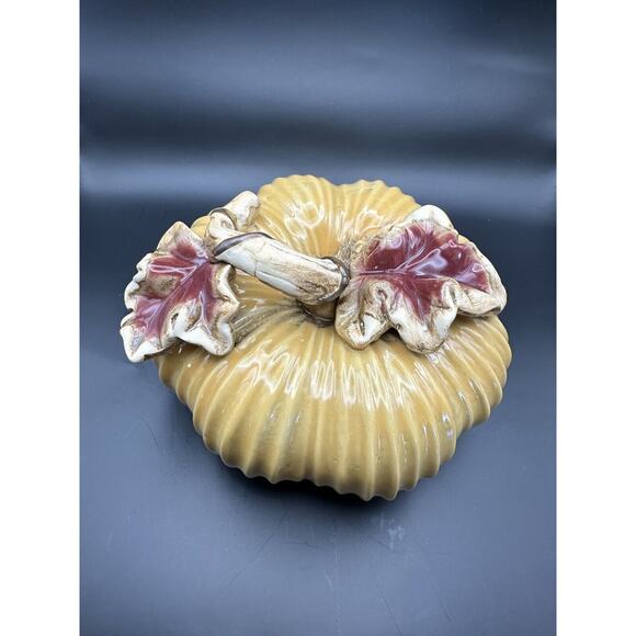 Large Lifelike Ceramic Pumpkin with Applied Leaves Golden Color Fall Decor 7" - Picture 3 of 8